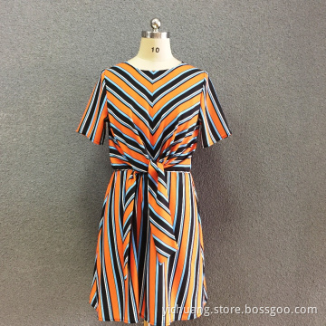 Women's polyester striped short sleeves long dress